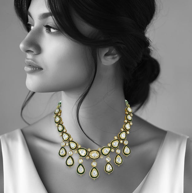 Polki Necklace with Green Enamel Detailing and Bold Design